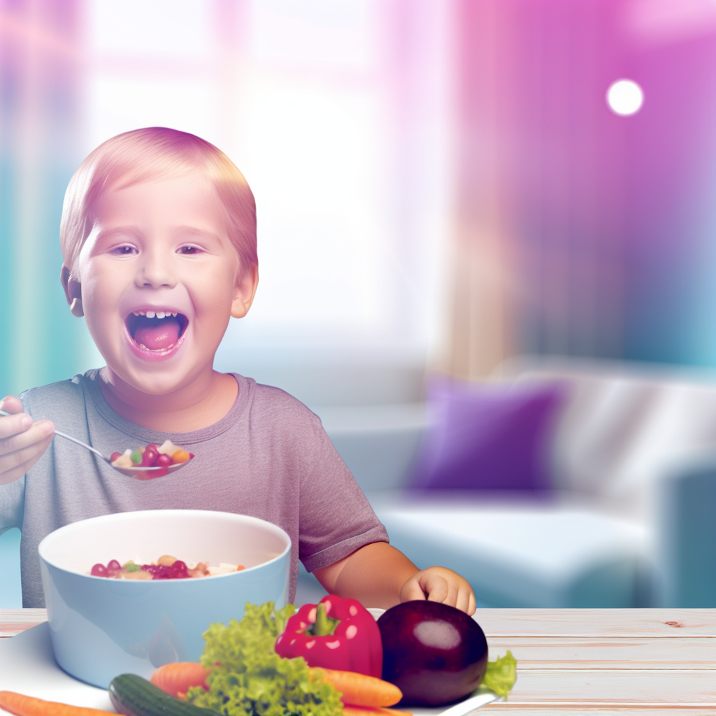 A joyful child enjoying a balanced meal with parents, highlighting family bonding over nutritious food.