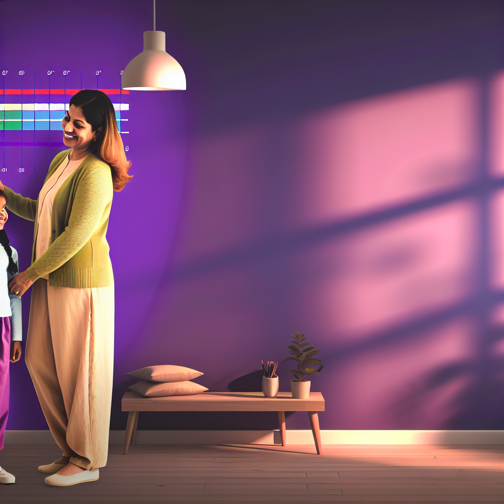 A parent measuring a child's height against a growth chart in a softly lit room, featuring calming colors like soft purples and blues.