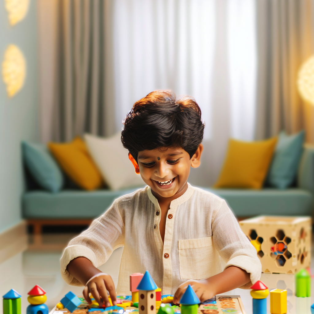 A happy child playing with blocks, surrounded by supportive parents in a warm, soft-colored environment featuring purples and blues.