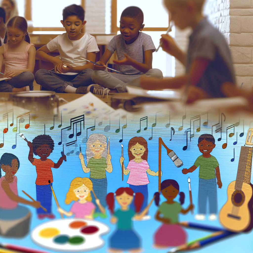 A vibrant scene of children participating in a group art and music session, showcasing creativity with soft purples and blues in the background.