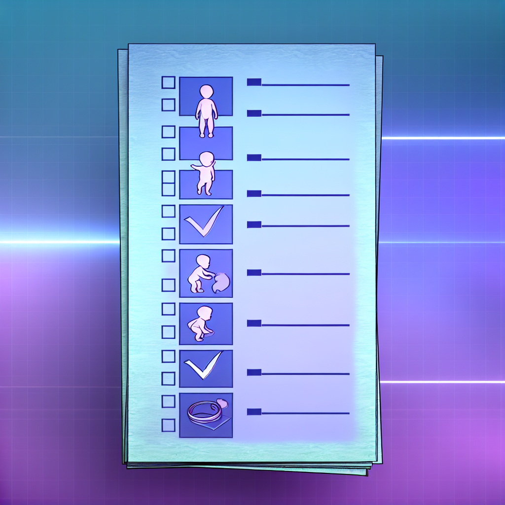 A checklist for parents on monitoring developmental milestones, designed in soft purples and blues.