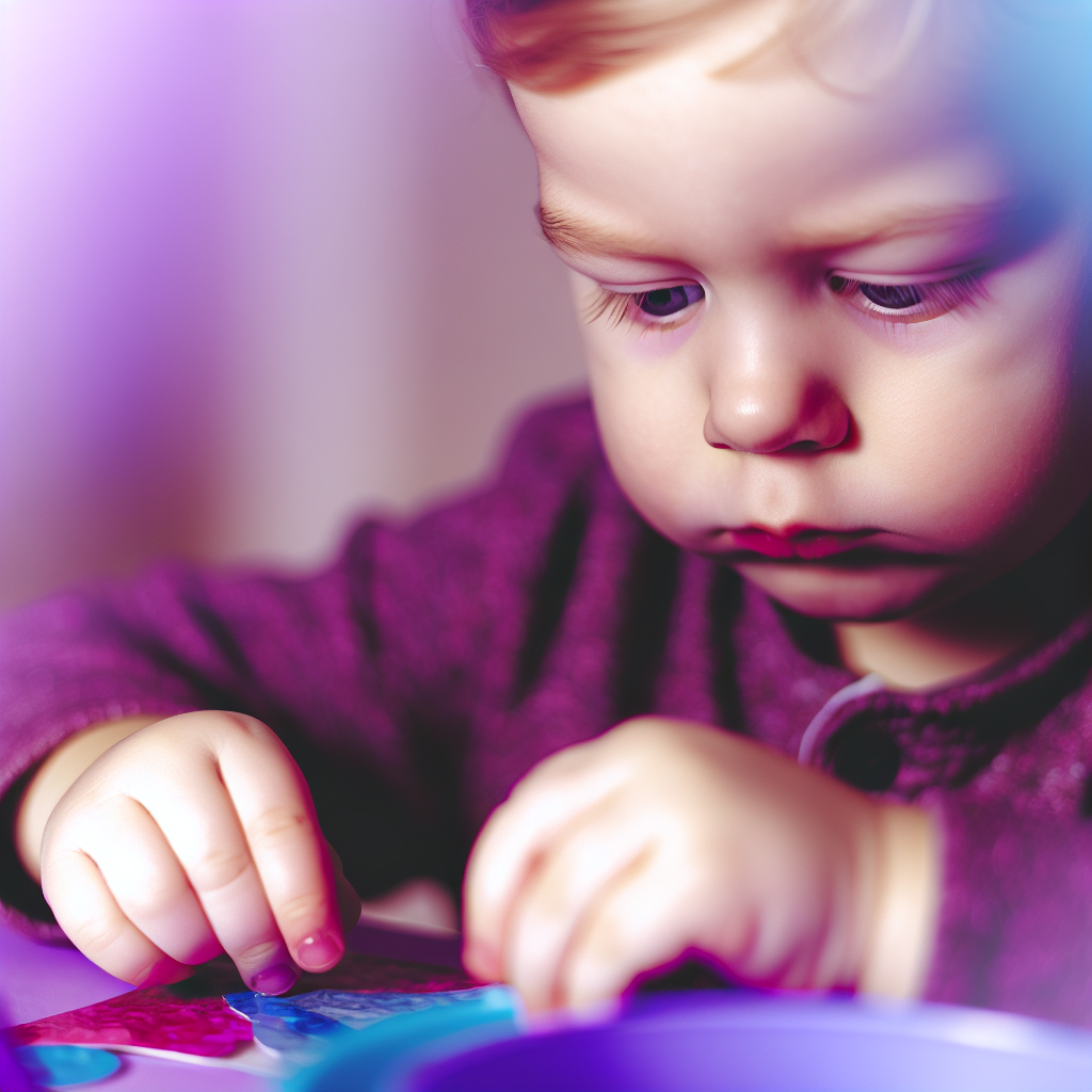 Crafting Activities for Fine Motor Skills Development in Toddlers A toddler engaged in a colorful craft activity with soft purples and blues, showcasing fine motor skills development.