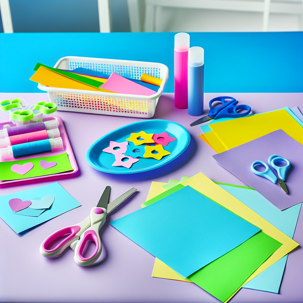 Craft Supplies for Toddlers' Fine Motor Skills Enhancement A variety of craft supplies laid out for toddlers, including colorful papers and scissors, set in calming hues of purple and blue.