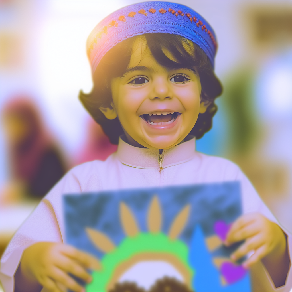 Toddler's Joy in Crafting: A Path to Fine Motor Skills A smiling toddler proudly displaying their finished craft project, reflecting joy and creative expression with soothing colors.
