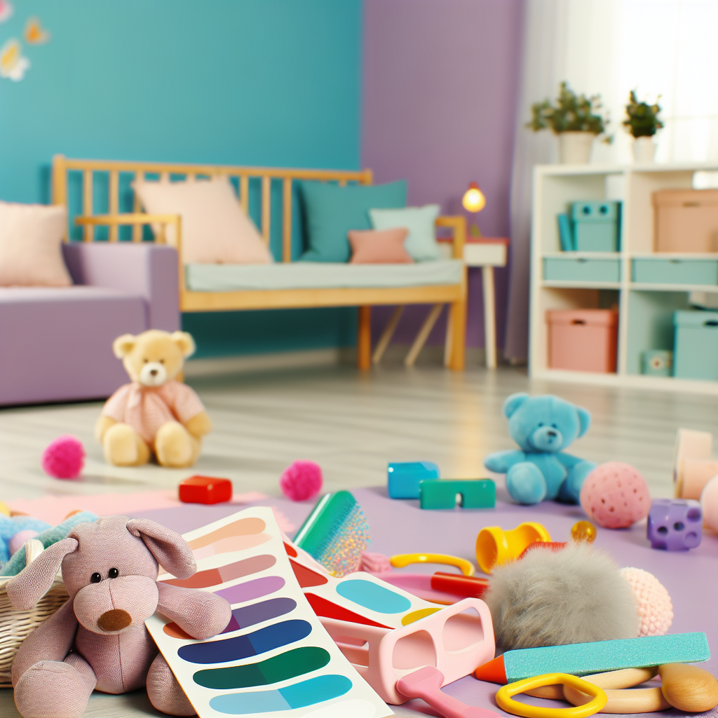 Colorful Toddler Learning Activities Setup A colorful setup of toddler learning activities using soft toys and educational materials, featuring calming colors like soft purples and blues.