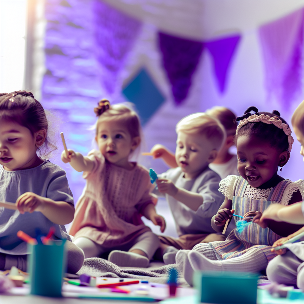 Toddlers Engaged in Craft Activities Toddlers engaged in a fun craft activity with art supplies, surrounded by soft purples and blues for a calming atmosphere.