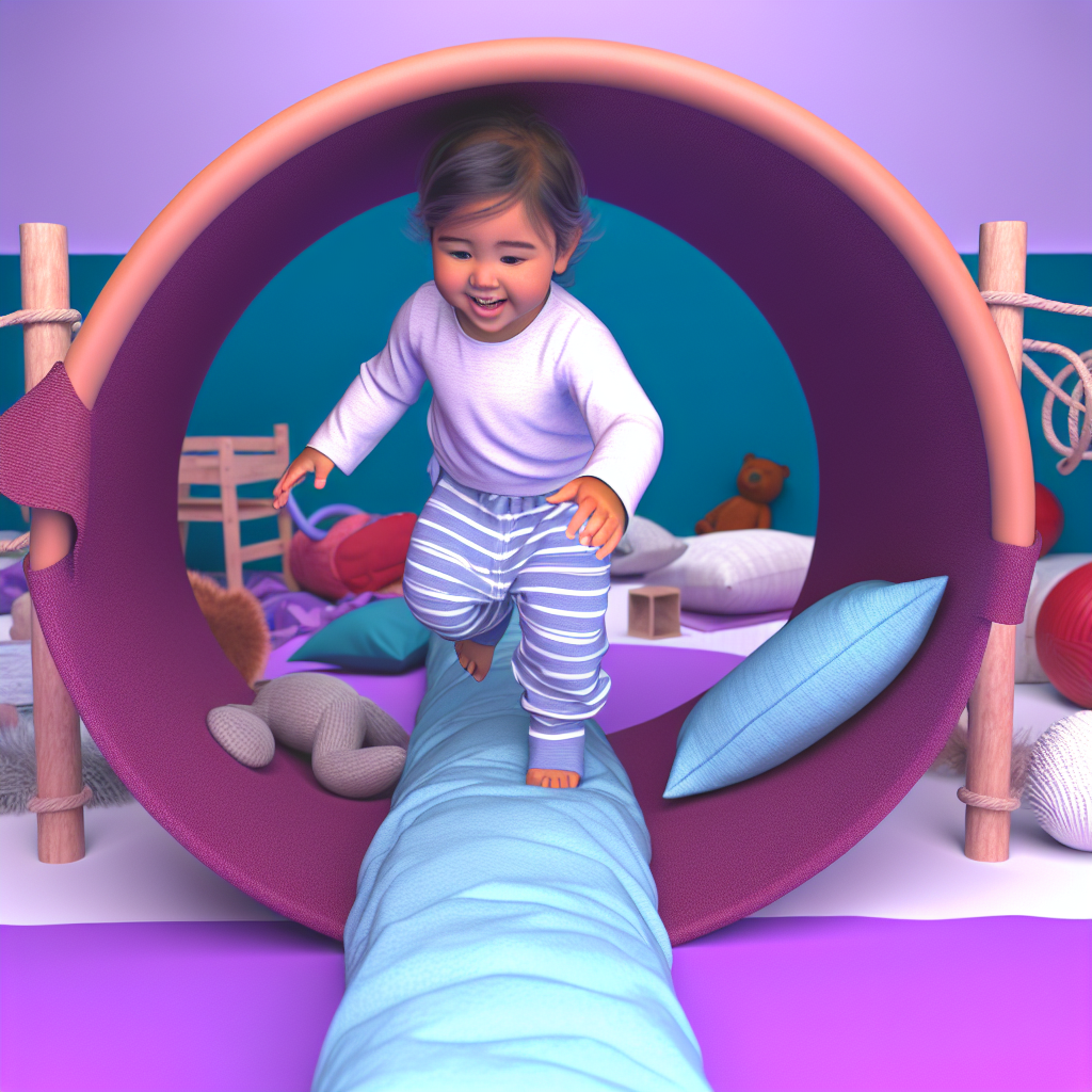 Engaging Toddler in DIY Obstacle Course A smiling toddler navigating a homemade obstacle course with soft toys and blankets, demonstrating joy and engagement in a safe environment with soft purples and blues.