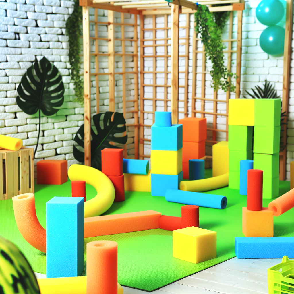 Creative DIY Obstacle Course Setup for Toddlers A creative setup of a DIY obstacle course for toddlers using colorful foam blocks and household items, showcasing balance and coordination practice in a serene atmosphere.
