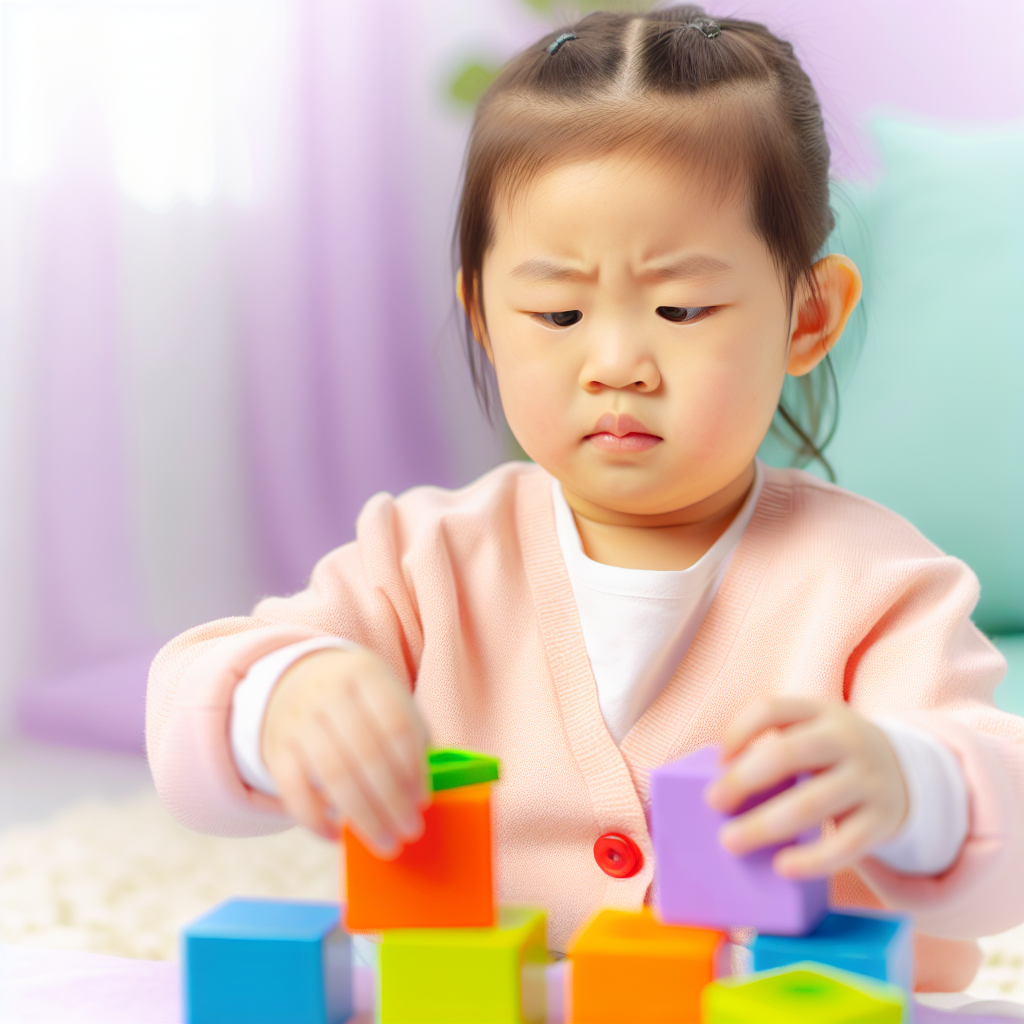 Toddler Using Blocks for Counting Activity A toddler using colorful building blocks to learn counting, surrounded by soft purple and blue colors.