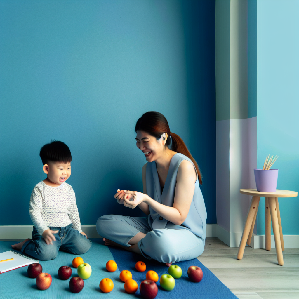 Counting Fruits Together A parent and child counting fruits together, in a serene environment with calming blue hues.