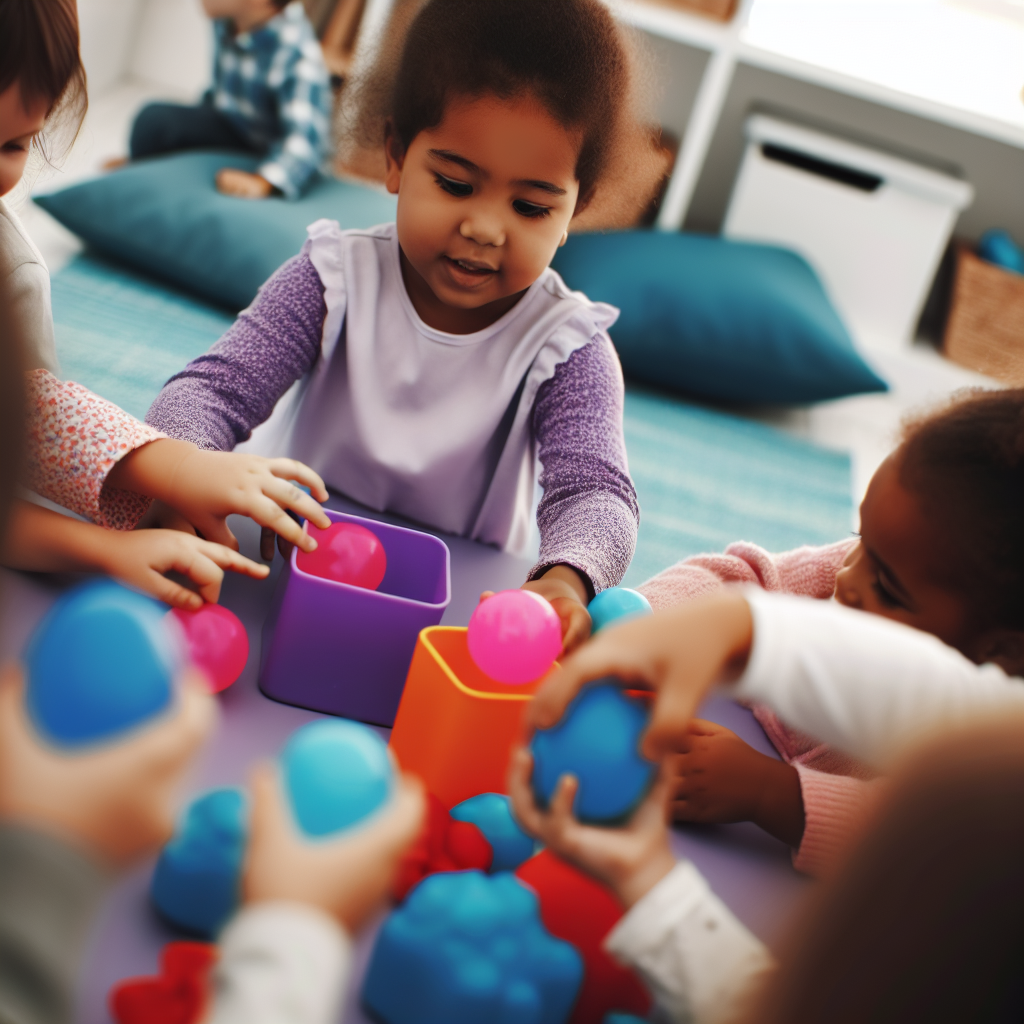 Playful Counting with Colorful Objects Kids counting colorful objects in a playful setting, emphasizing learning through play with soft purple and blue tones.