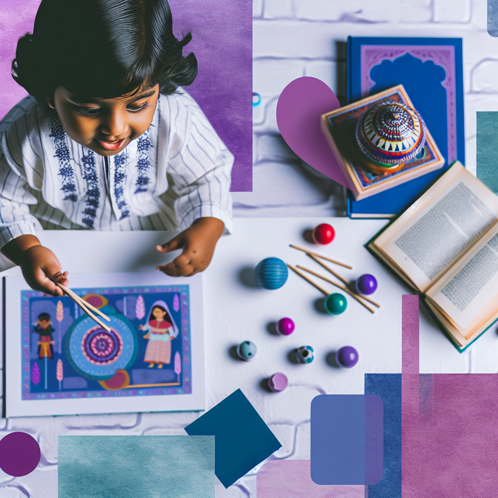 A toddler engaged in storytelling games with vibrant books and toys A toddler engaged in a storytelling game with colorful books and toys in soft purples and blues.