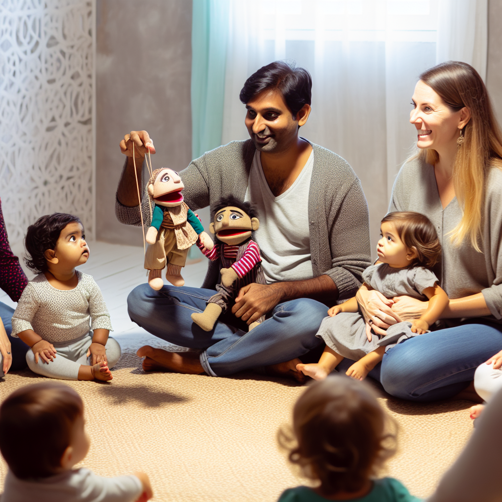 Parents and toddlers enjoying a storytelling session with puppets Parents and toddlers participating in a storytelling session using puppets, in calming tones.