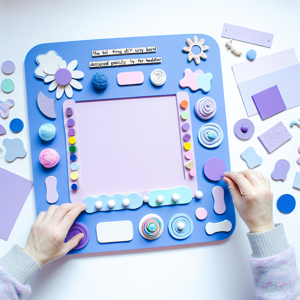 Colorful DIY Busy Board for Toddlers A colorful DIY busy board for toddlers featuring various textures and activities in calming colors like soft purples and blues.
