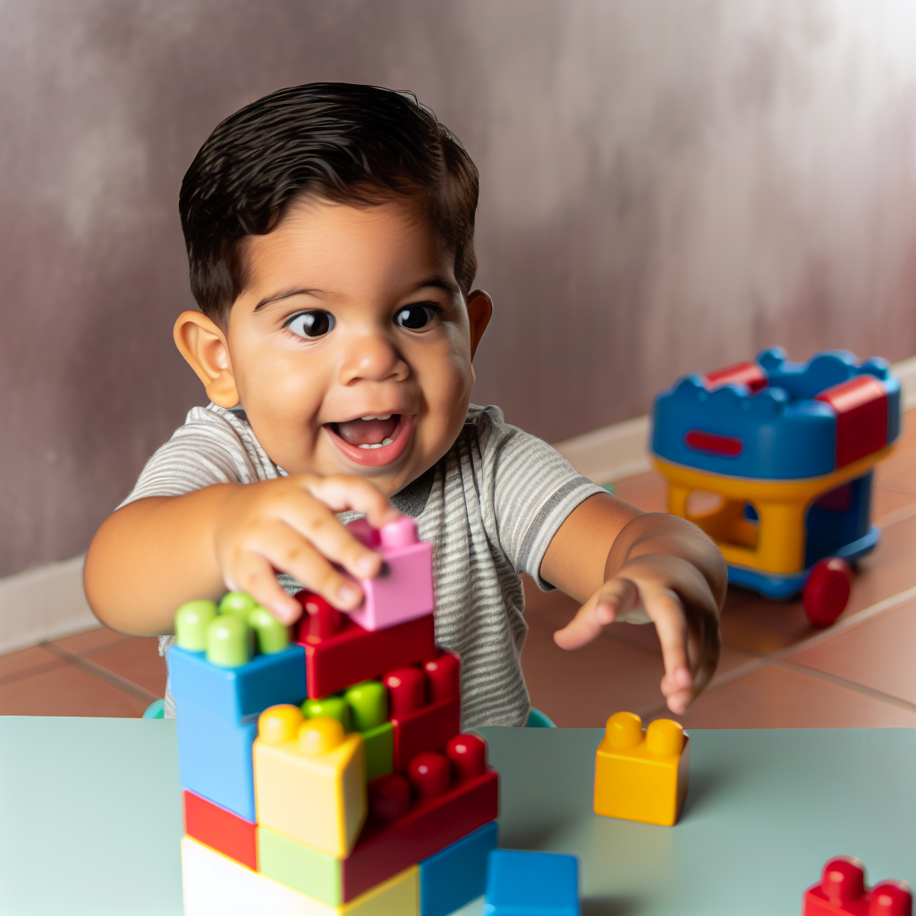 Toddler Playing with Colorful Building Blocks A toddler playing with colorful building blocks, engaging in learning colors and shapes.