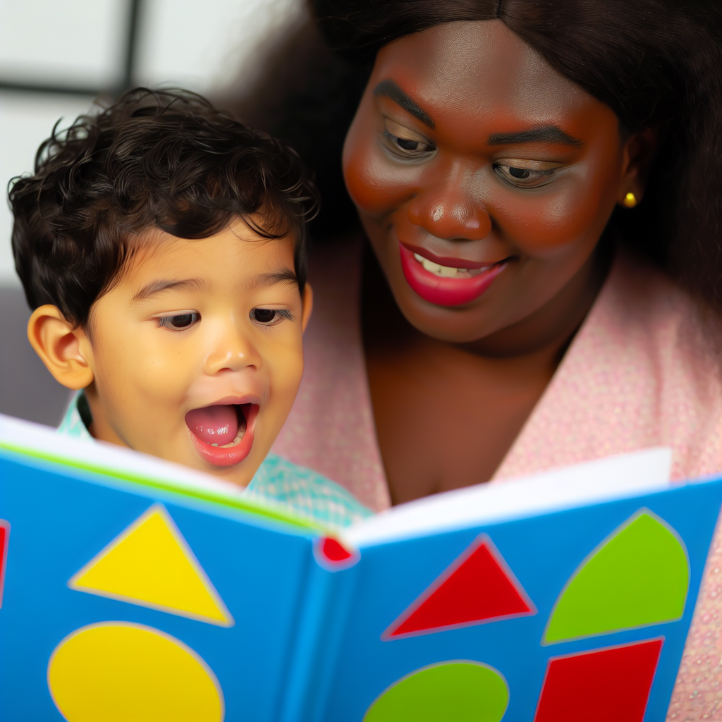 Parent Reading a Colorful Book with Child A parent reading a bright, colorful book on colors and shapes with their child.