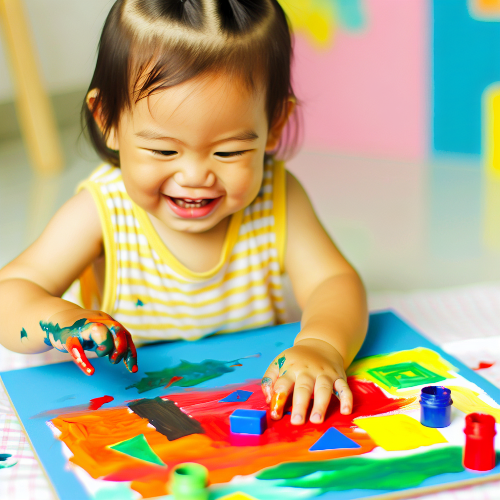 Toddler Creating a Colorful Painting with Shapes A toddler creating a colorful painting using different shapes.