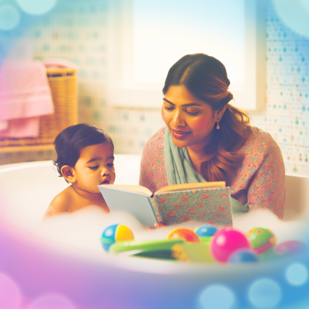 Storytelling and Learning During Bath Time A parent reading a story to a child during bath time, surrounded by bubbles and toys, in calming colors.