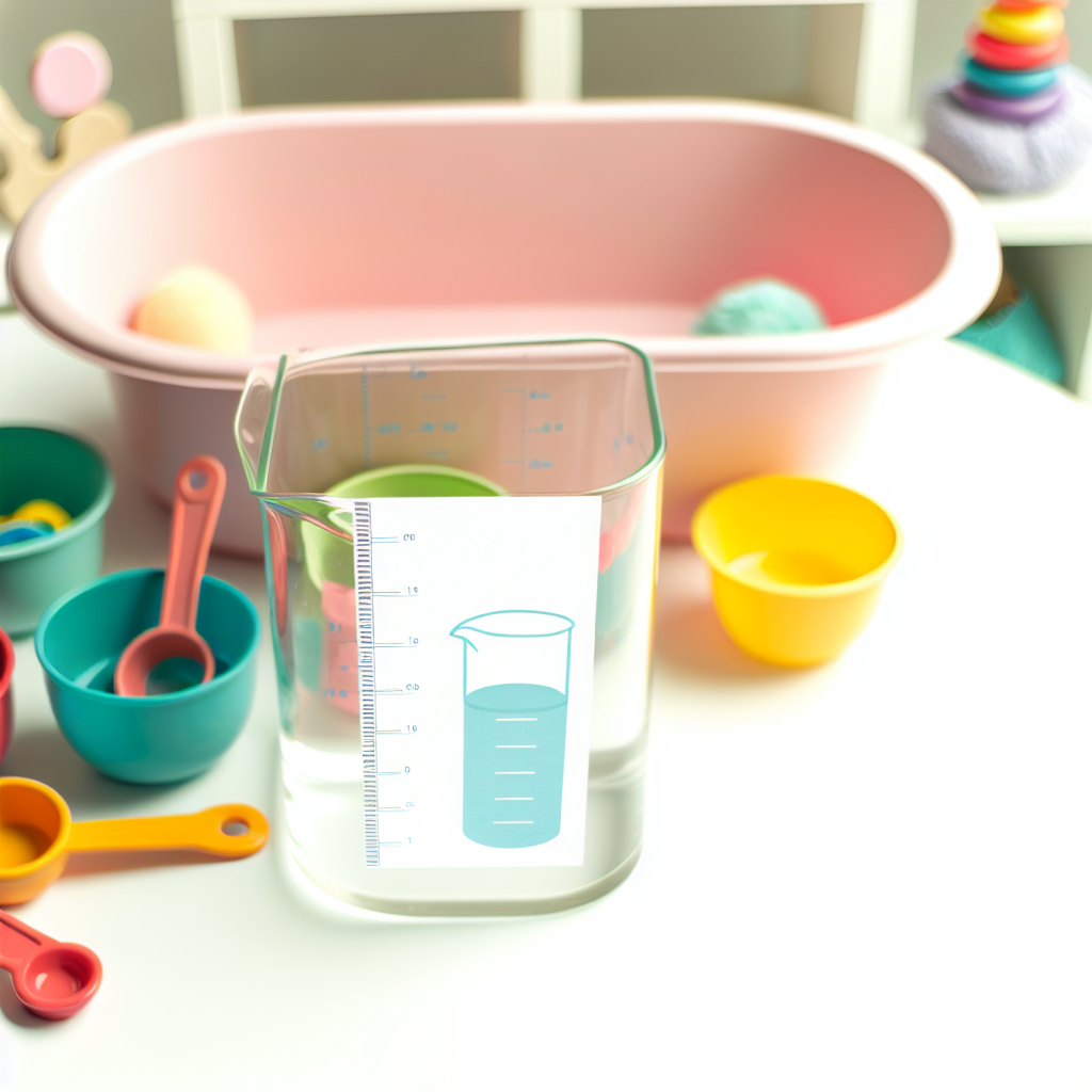 Interactive Bath Time Learning Tools An interactive bath setup with measuring cups and colorful bath toys, exemplifying playful learning, in soft colors.