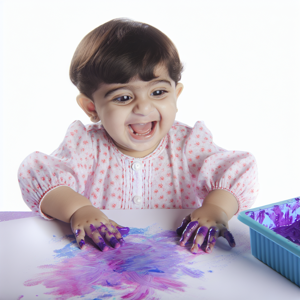 Toddler Engaged in Creative Finger Painting A toddler happily engaged in finger painting with soft purples and blues, exploring creativity through art.