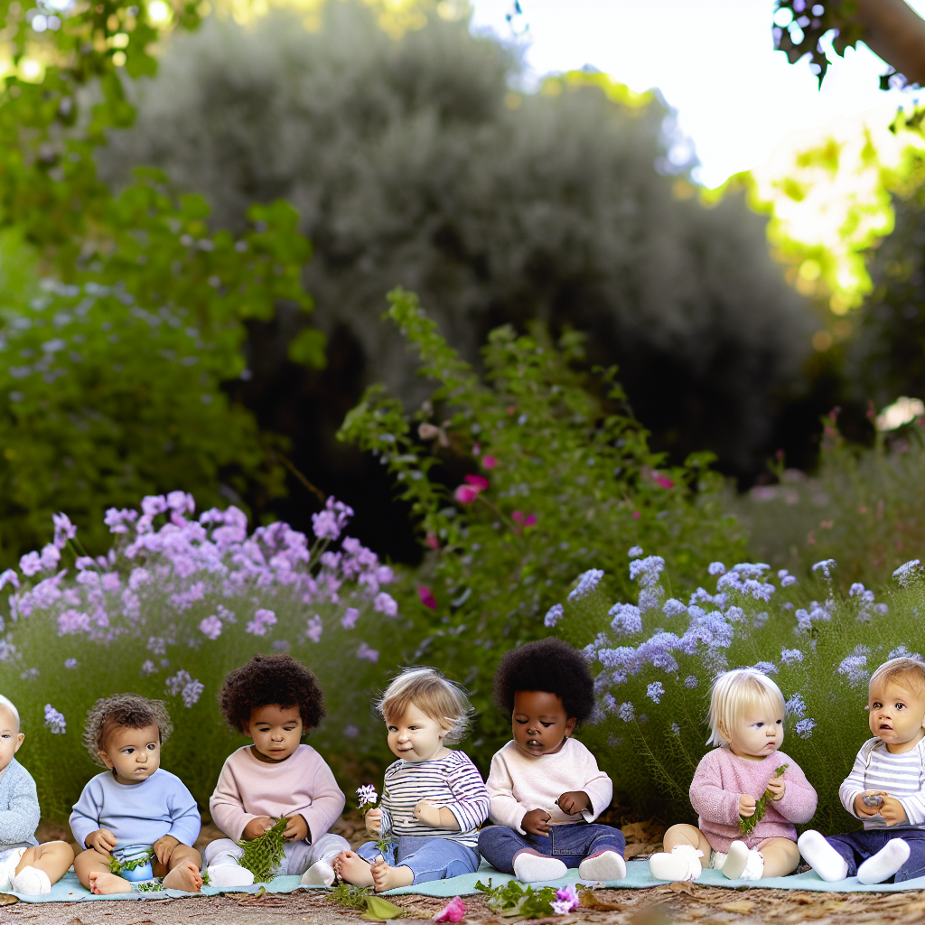 Toddlers Exploring Nature Outdoors Toddlers exploring nature outdoors, surrounded by greenery and soft purple flowers, evoking a sense of calm and curiosity.