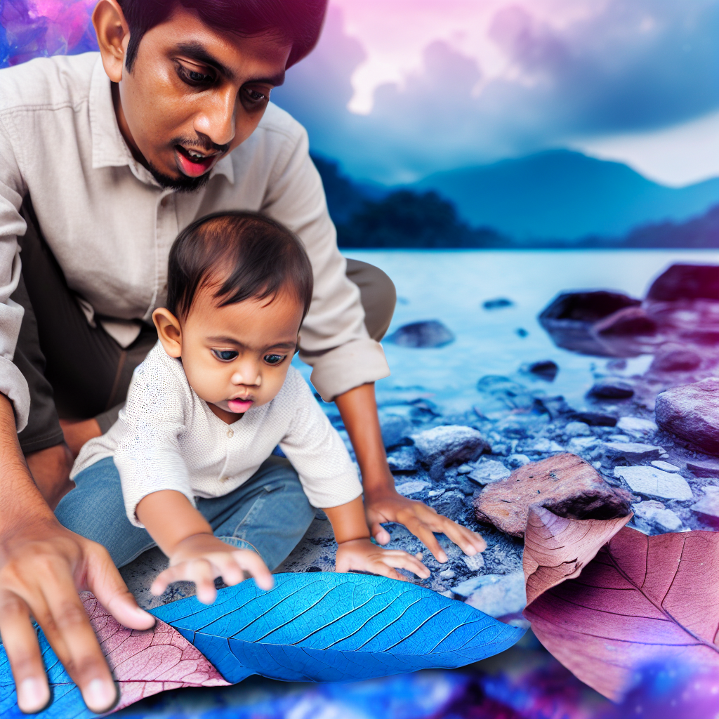 Parent-Toddler Nature Exploration A parent and toddler engaged in nature exploration, discovering leaves and rocks, with a serene background of soft blues and purples.