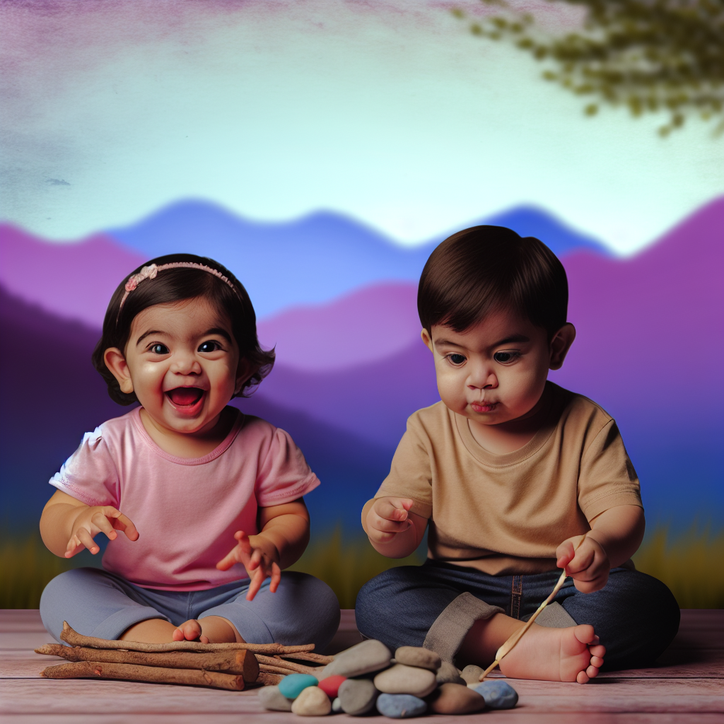 Toddlers Playing with Natural Materials Toddlers playing with natural materials like sticks and stones, set against a peaceful outdoor backdrop of soft purples and blues.