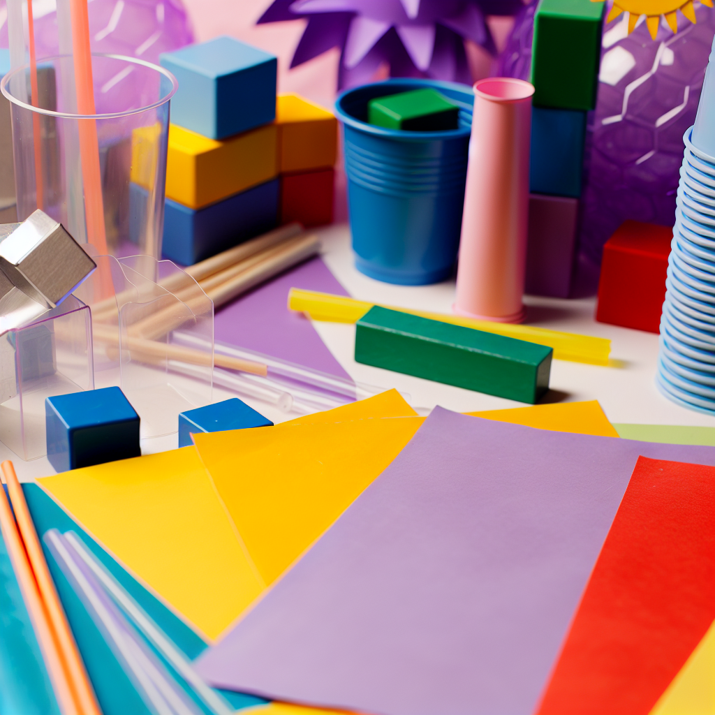Household Items for Fun STEM Activities A colorful setup of household items used for STEM activities with toddlers, featuring soft purples and blues.