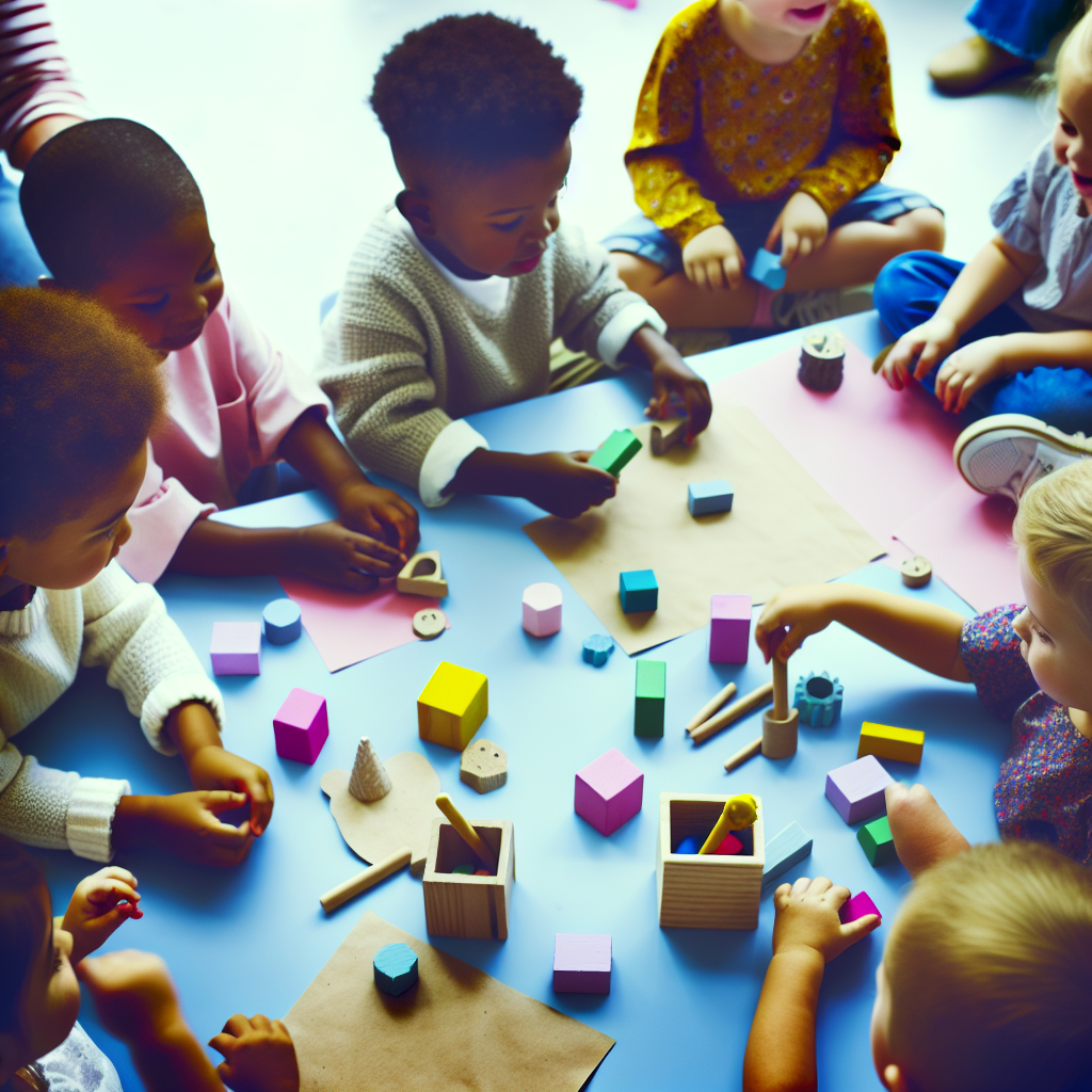 Hands-On Learning with Household Materials Toddlers engaging in a hands-on learning activity using everyday materials, surrounded by calming colors.
