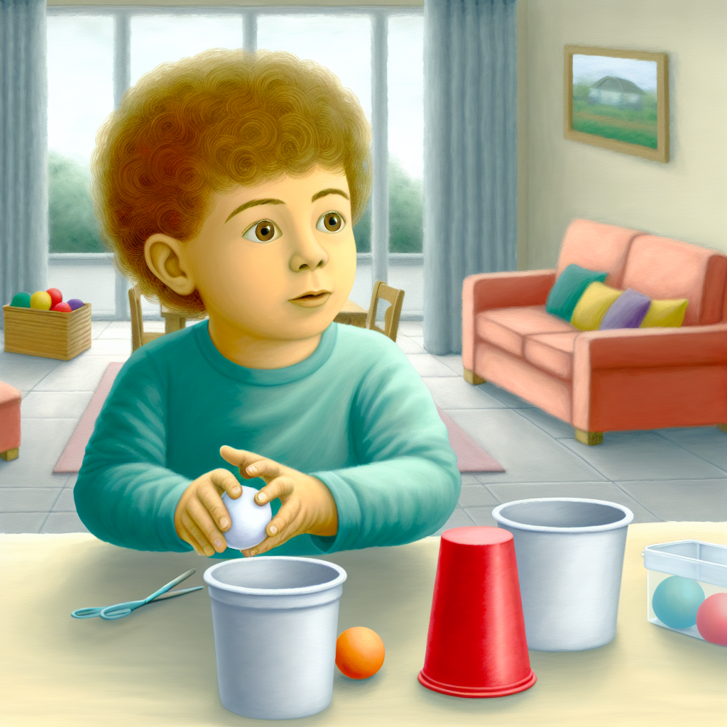 Exploring Science Concepts with Toddlers A toddler experimenting with simple science concepts at home using items like cups and balls, in soft hues.