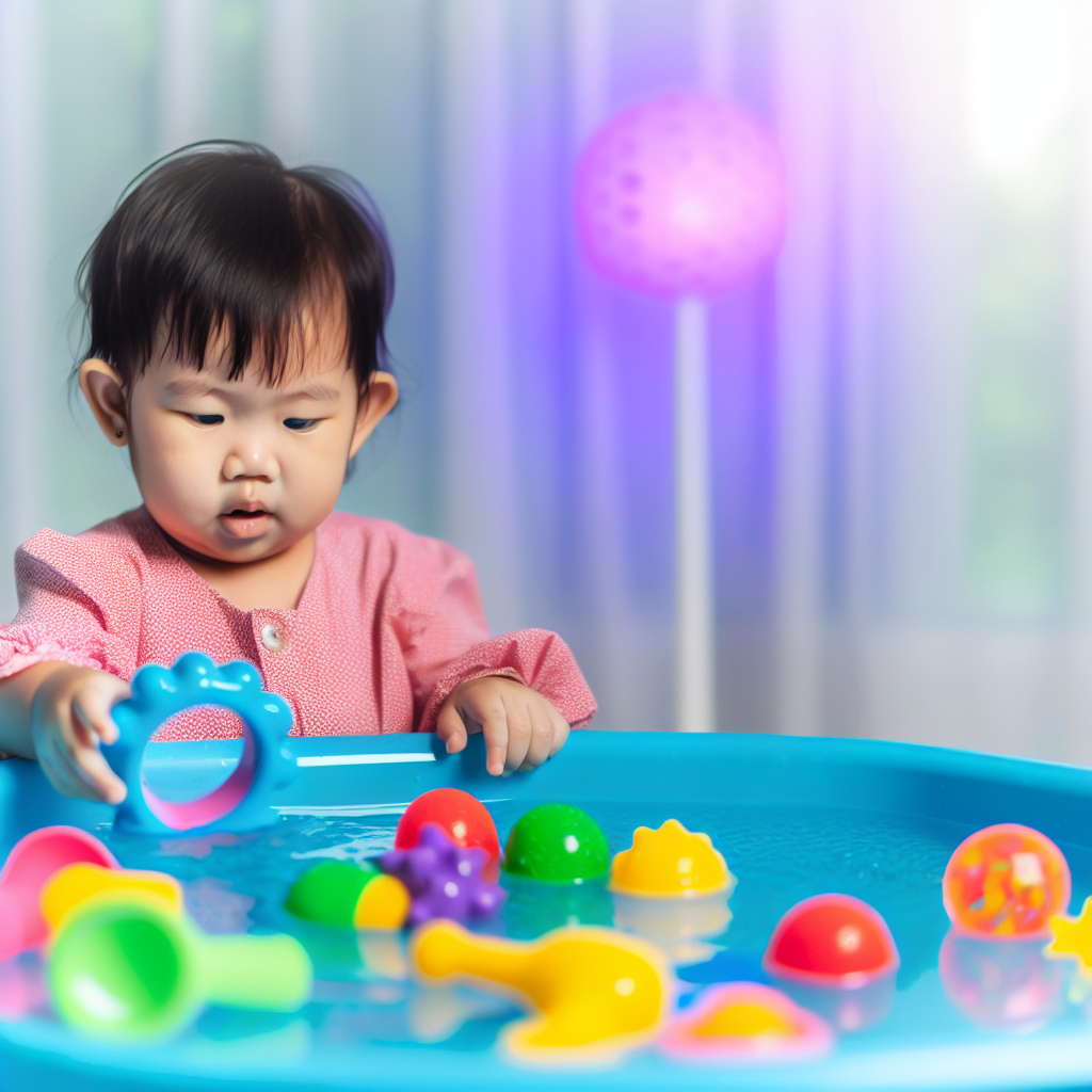 Toddler Playing with Colorful Water Toys A toddler playing with colorful water toys in a bright blue water basin, promoting learning and sensory exploration.
