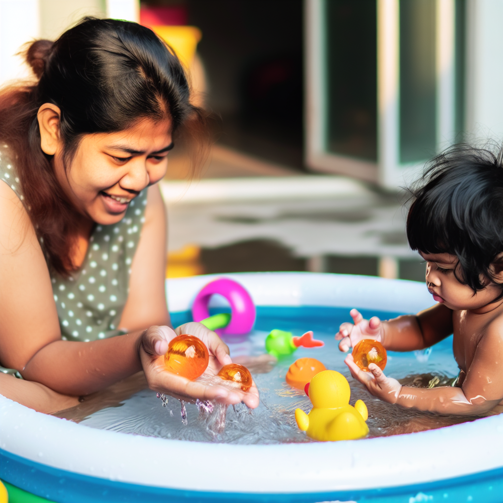 Mom and Toddler Engaging in Water Play A mom and toddler engaging in water play with floating objects, enhancing learning through hands-on activities.