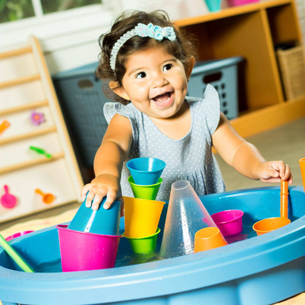 Toddler Splashing in Water Table A cheerful toddler splashing in a water table with various sized cups and funnels, encouraging imaginative play.