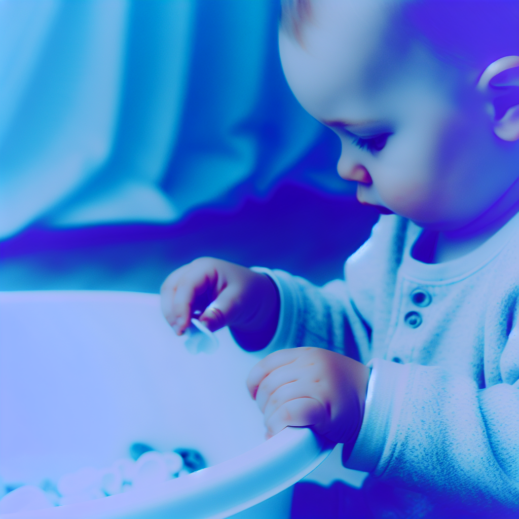 Practical Life Tasks for Toddler Independence A toddler engaged in a practical life task, focusing on developing independence and motor skills with calming shades of blue and purple.