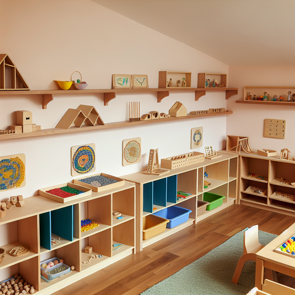 Montessori Learning Environment for Toddlers Calm and organized Montessori learning environment for toddlers, showcasing natural materials and learning resources in soft colors.
