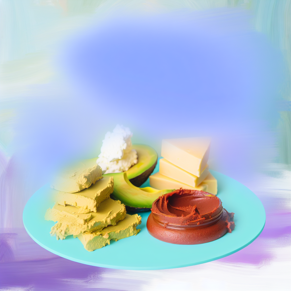 Nutrient-Dense Foods for Kids A colorful plate filled with high-calorie foods like nut butter, avocado, and cheese on calming soft purples and blues background.