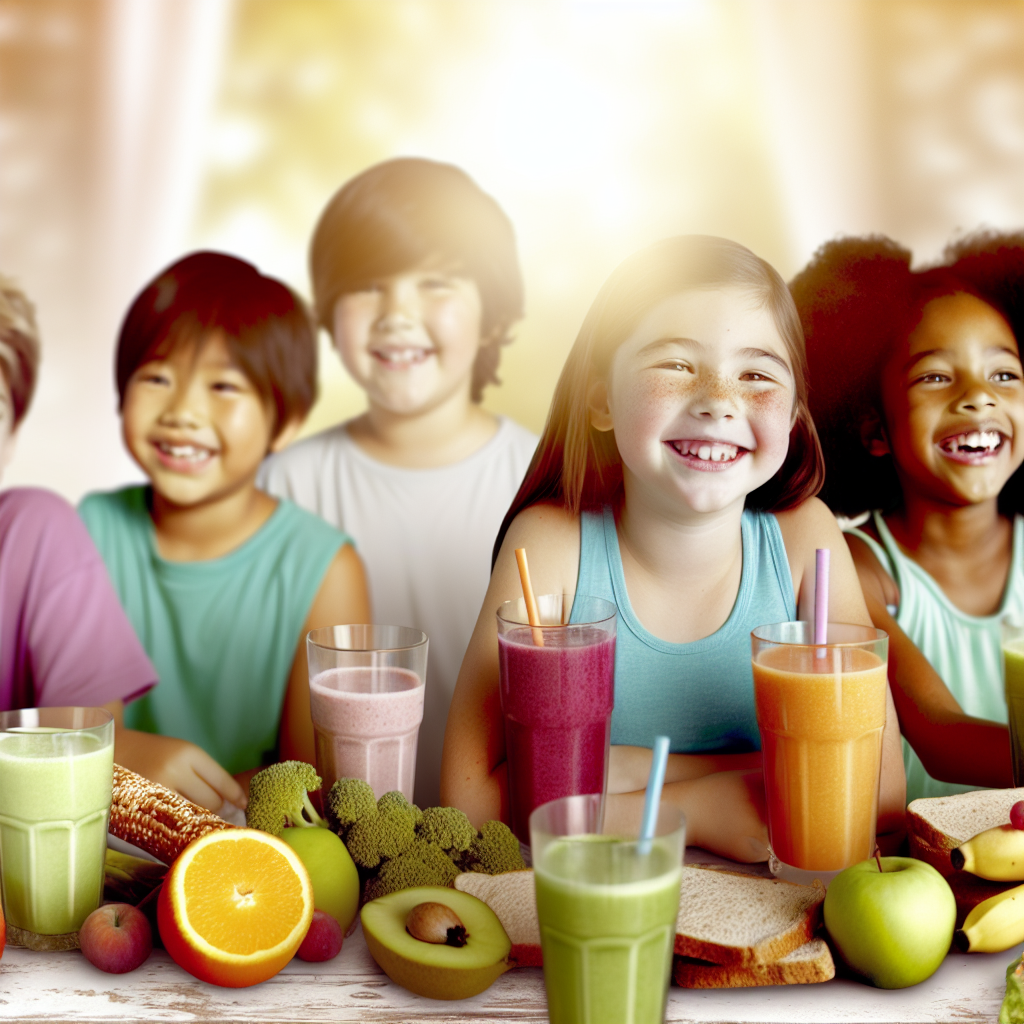 Kids Enjoying Nutrient-Dense Meals A group of children enjoying a balanced meal with nutrient-dense foods like smoothies and whole grain bread, set in a calming environment.