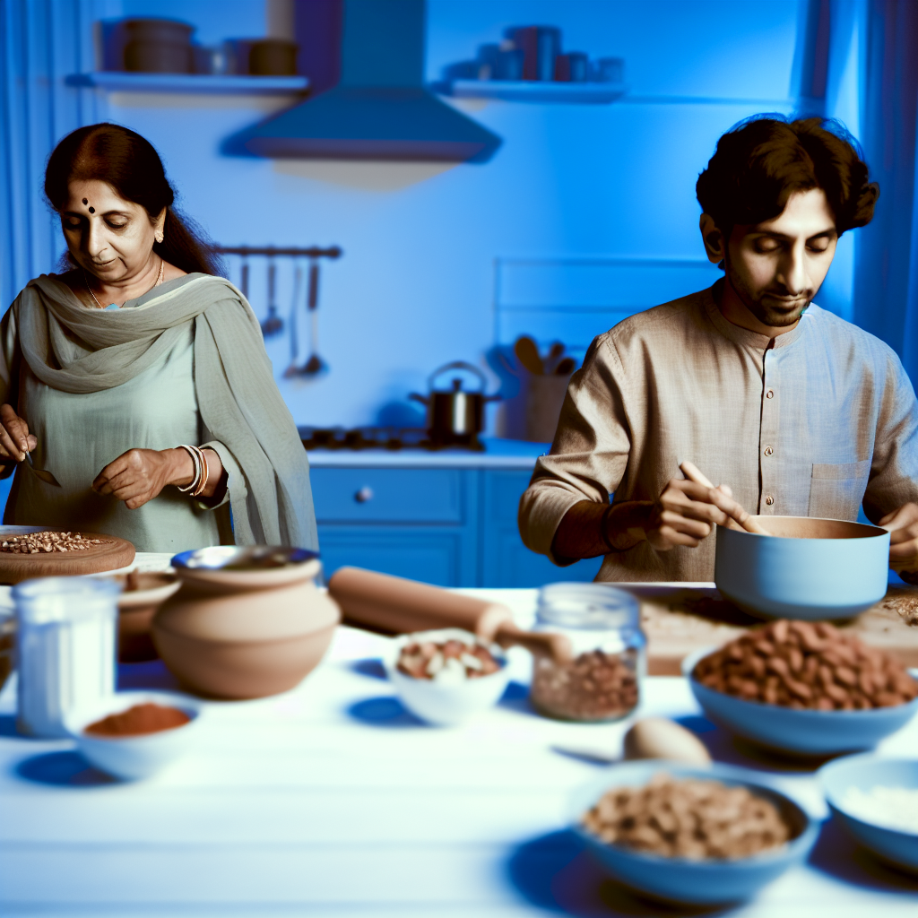 Preparing High-Calorie Meals for Kids A parent preparing a healthy meal with high-calorie ingredients such as nuts and seeds, featuring calming colors like soft blues.