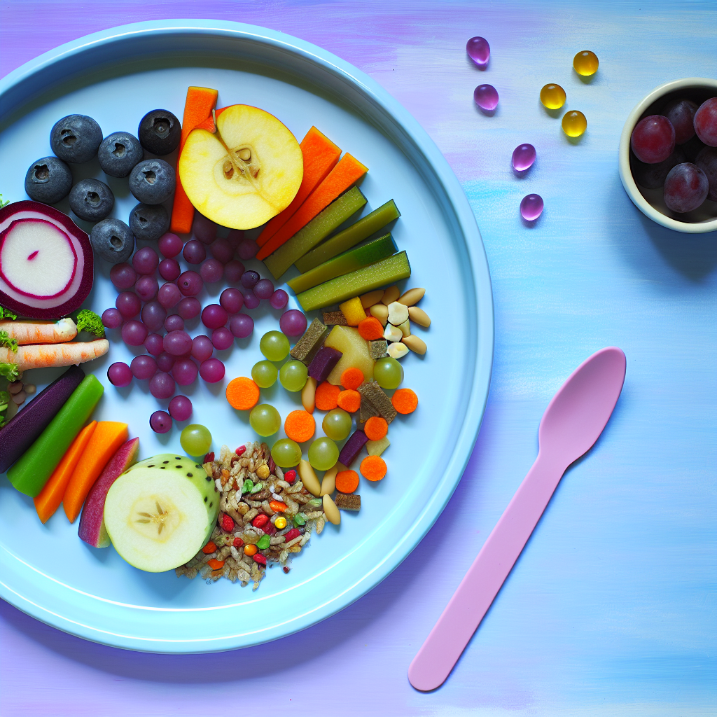 Healthy Foods for Kids' Growth A colorful plate of healthy foods for children featuring fruits, vegetables, and whole grains, presented in a playful way with calming colors like soft purples and blues.