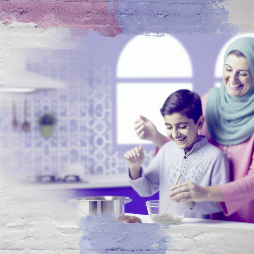 Cooking Together for Healthy Eating A parent and child cooking together, smiling and enjoying the process, with calming colors like soft purples and blues in the kitchen setting.
