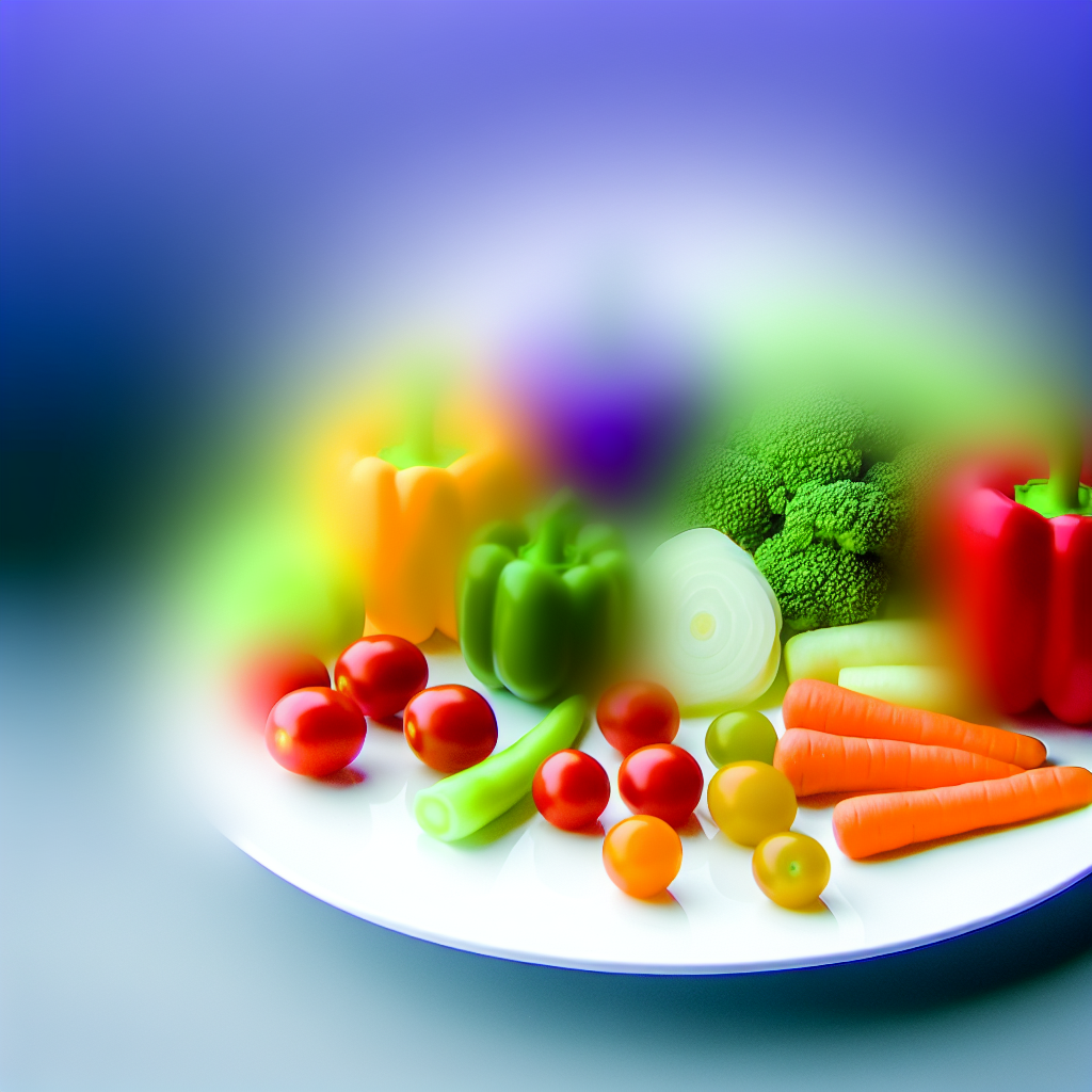 Colorful and Fun Vegetable Presentation for Kids A colorful plate of vegetables arranged in a fun way to attract children. Soft purples and blues in the background create a calming atmosphere.
