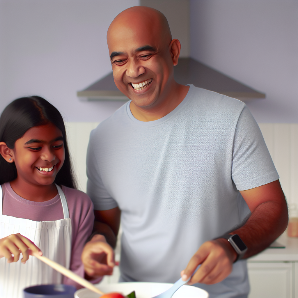 Cooking Together: Engaging Children in Healthy Meal Prep A parent and child cooking together, smiling and enjoying the process of preparing healthy meals. The kitchen has soothing soft purple and blue decor.
