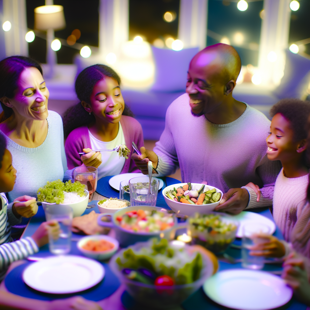 Family Mealtime: Enjoying a Variety of Vegetables Together A joyful family at a dining table filled with various vegetable dishes, showcasing happiness and togetherness during mealtime. Soft purples and blues highlight the scene.