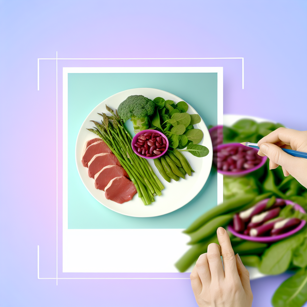 Iron-rich Foods for Kids A colorful plate of iron-rich foods including leafy greens, beans, and lean meats, set against a calming soft purple background.