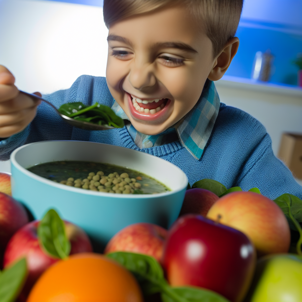 Healthy Eating for Children A happy child enjoying a bowl of spinach and lentil soup, surrounded by vibrant fruits, under a soft blue light.