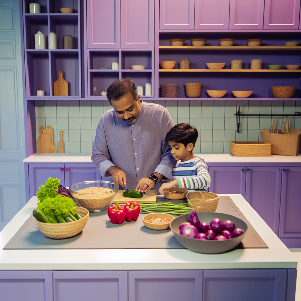 Cooking Healthy Meals Together A parent and child cooking together in a kitchen, with fresh veggies and grains on the counter and a calming purple decor.