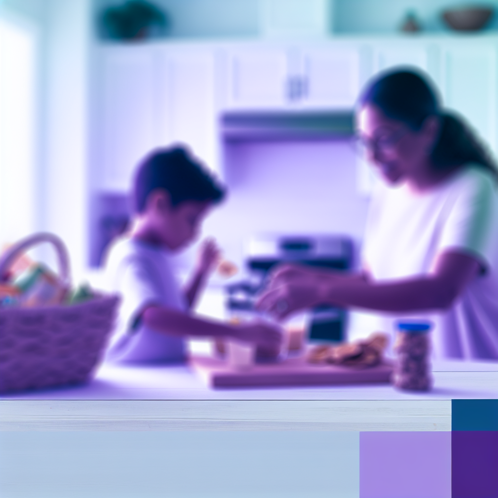 Healthy Snack Preparation in a Calm Kitchen A calm kitchen setting with a parent preparing healthy snacks for kids, featuring soft purples and blues.
