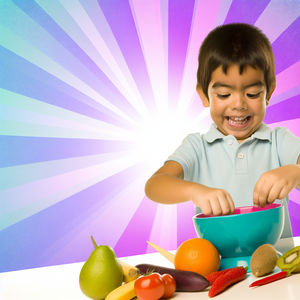 Child Exploring Healthy Food Options A joyful child experimenting with colorful fruits and vegetables, surrounded by soft purples and blues.