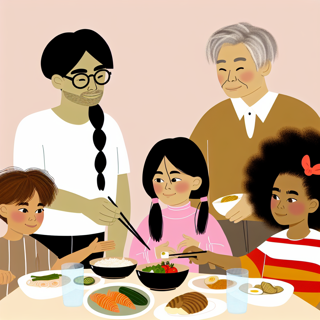 Family Meal Time with Diverse Foods A family enjoying a meal together, highlighting food diversity and love, with calming colors.