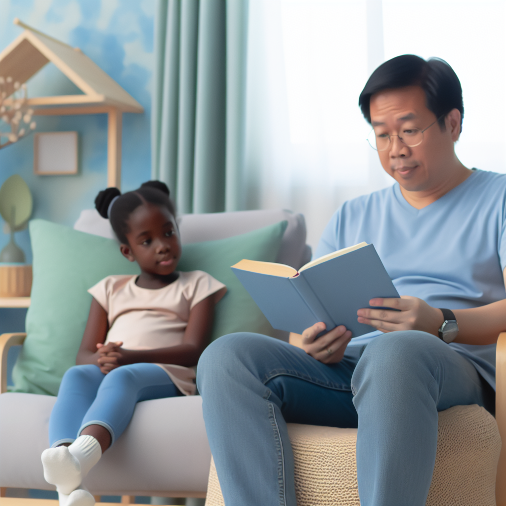 Reading About Child Nutrition A parent reading a book about child nutrition with their child, surrounded by calming colors.